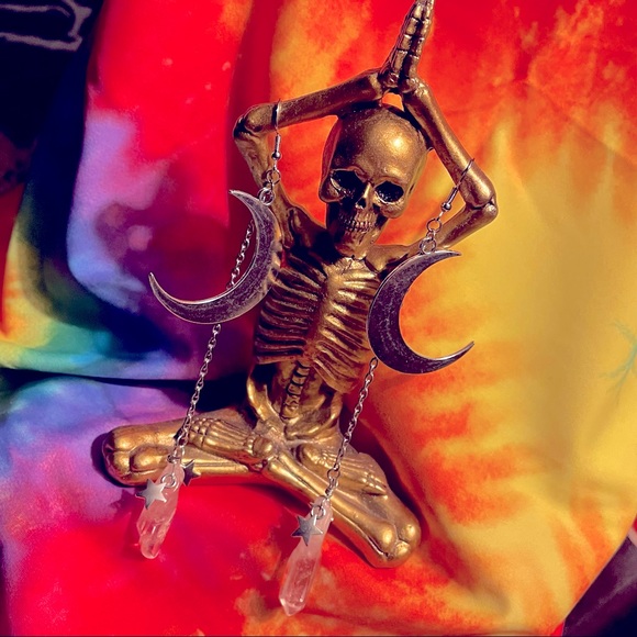 ☽✪Quartz Crystal Silver Moon Dangly Star Earrings✪☾ - Picture 4 of 4